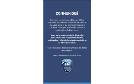 Annulation des rencontres du 22 et 23 novembre